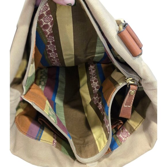 Fossil Modern Vintage Canvas & Leather Tote Bag Multiple Pockets Key Charm - Picture 9 of 11